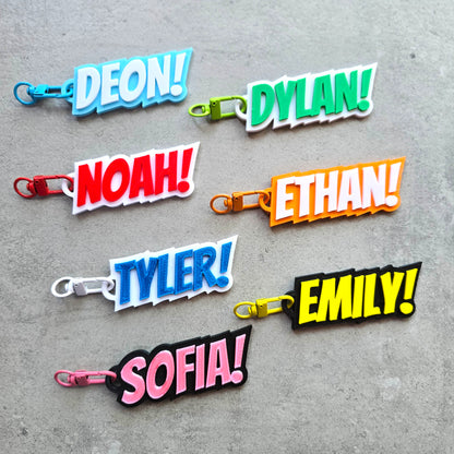 Superhero Comic Book Theme Custom Name Kids Keychain