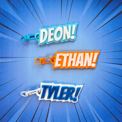 Superhero Comic Book Theme Custom Name Kids Keychain
